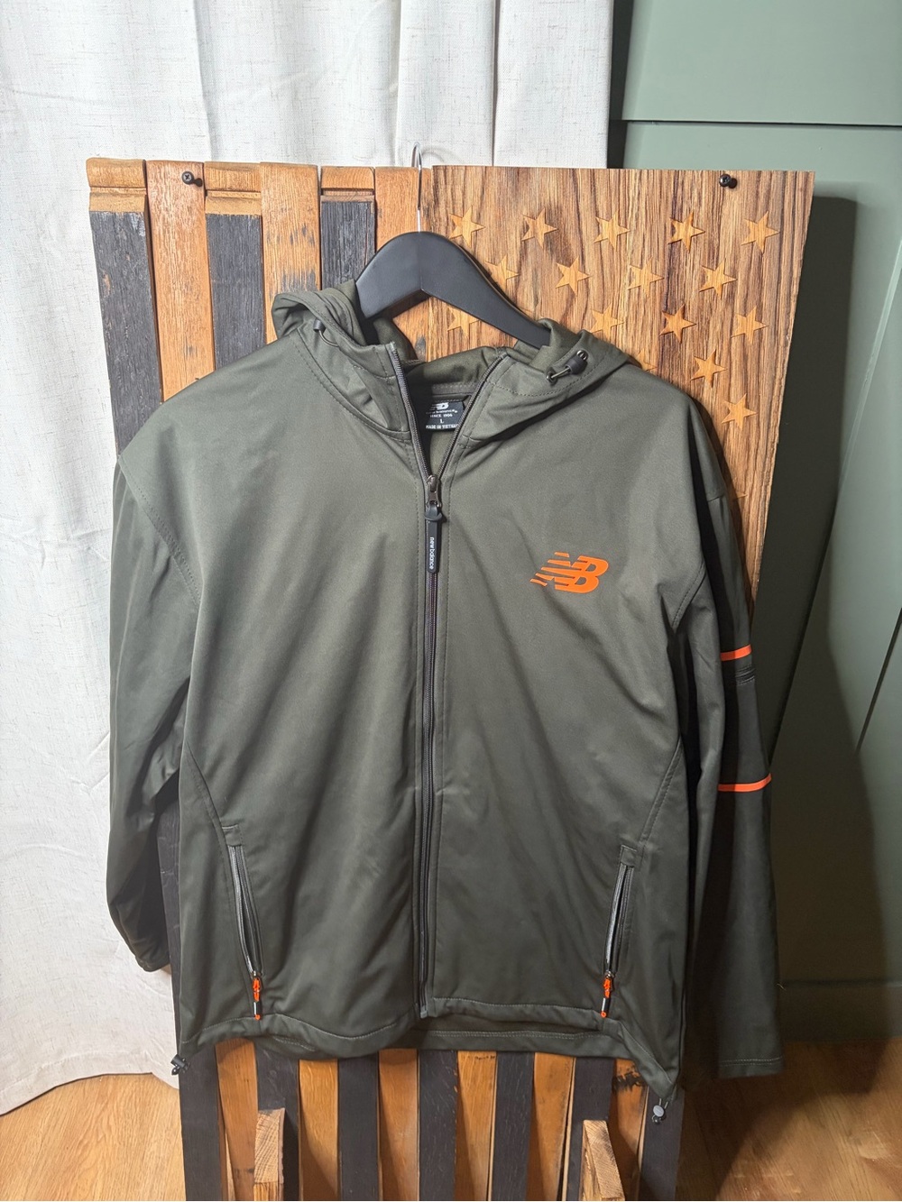 New Balance Olive Green Hooded Performance Jacket with Orange Accents - Large